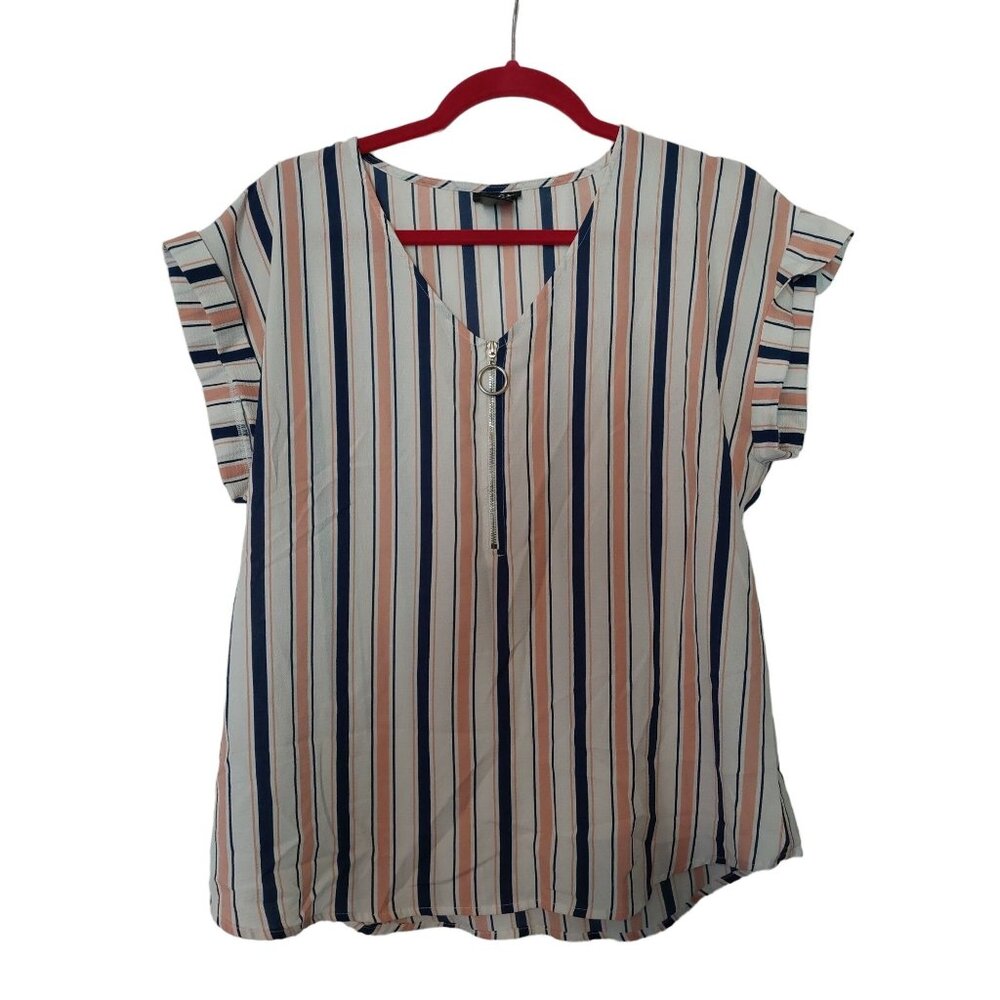 Rue21 Striped V-Neck Blouse With Zipper Detail Size L